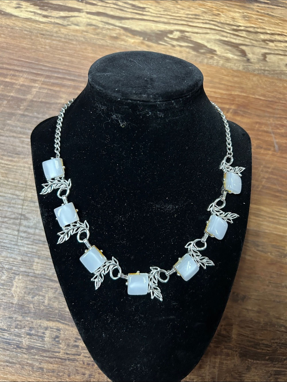 Vintage Silver Leaf Necklace with White Opalescent Cubes